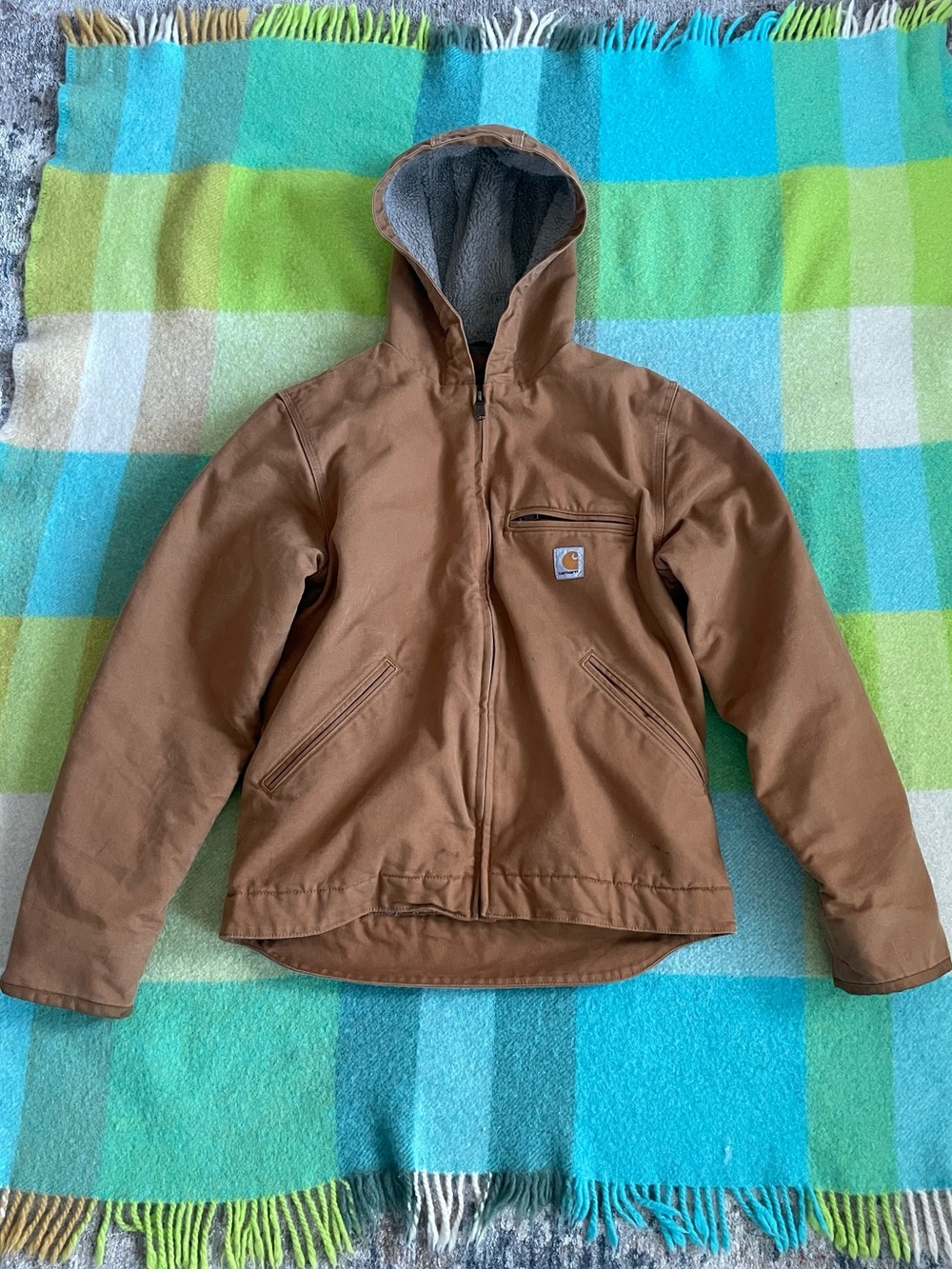Carhartt Washed Duck Sherpa Lined FullZip Hooded Jacket Tan Jammed Zipper